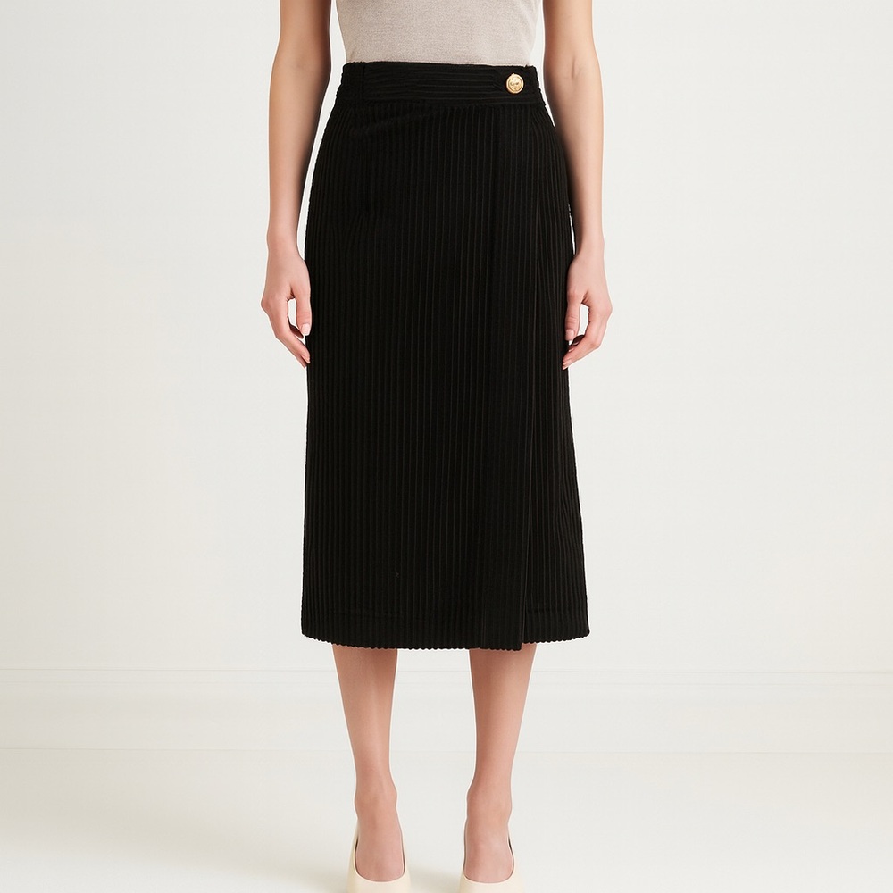 Tibi Green Corduroy Wrap Midi Skirt Women's 4 Button Side Work Business Casual‎